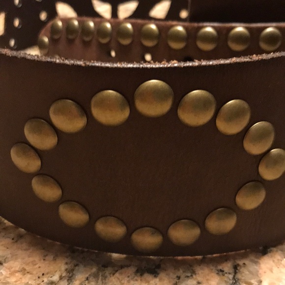 Wide brown leather belt with cutouts and studs main image 4